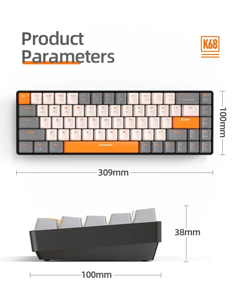 K68 2.4G/BT5.0 Wireless Gaming Mechanical Keyboard 68 Keys Hotswap Mini Gaming Mechanical Keyboard PBT Keycaps 65% Keyboards
