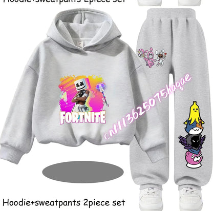 Sweats com Capuz Infantis Estampadas Fortnite, Conjunto Cartoon Confortável de 2 Peças, Tops Largos de Manga Comprida com Calças, Roupa de Outono/Inverno, Presente