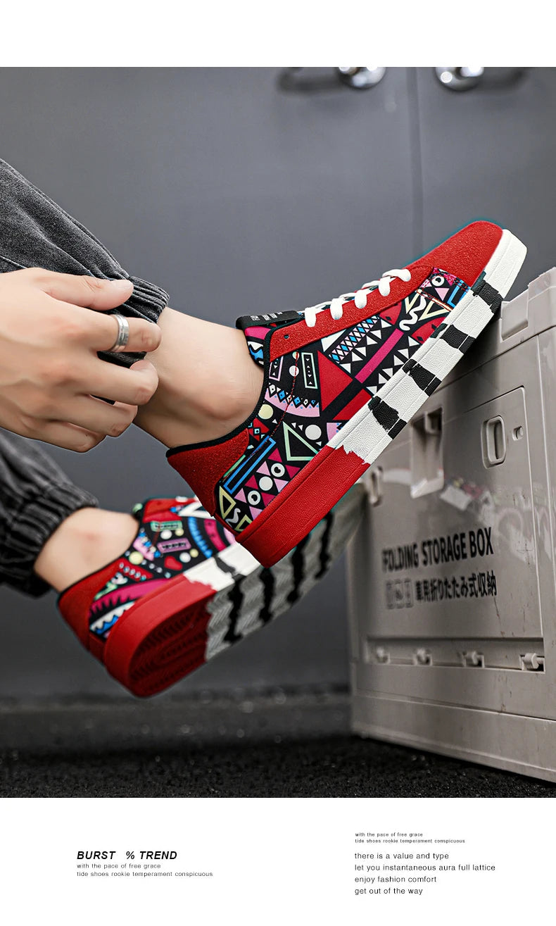 Zapatillas deportivas de running para hombre YRZL de lona con estilo geométrico, zapatillas con cordones para pareja, zapatos de skate para hombre con estampado grafiti moderno