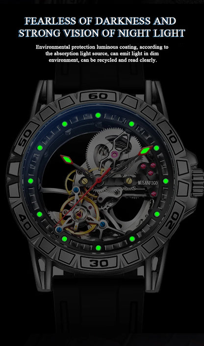 MUSANFIGO hollowed out fully automatic men's watch with mechanical movement, men's night light waterproof trendy watch