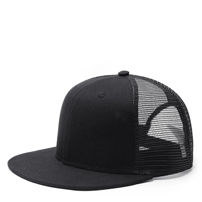 Adult Solid Color Flat Brim Mesh Snapback Cap Men Woman Hiphop Plain Baseball Hat  55-60cm