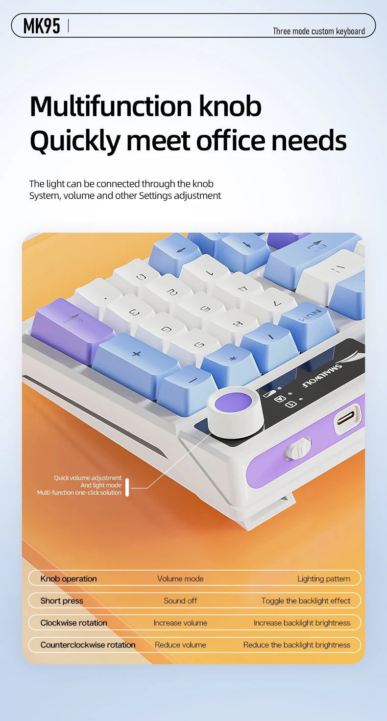 SMAILWOLF MK95 Bluetooth Wireless Three-Mode Mechanical Keyboard Korean Customized Office Gaming Laptop with RGB Lighting Effect
