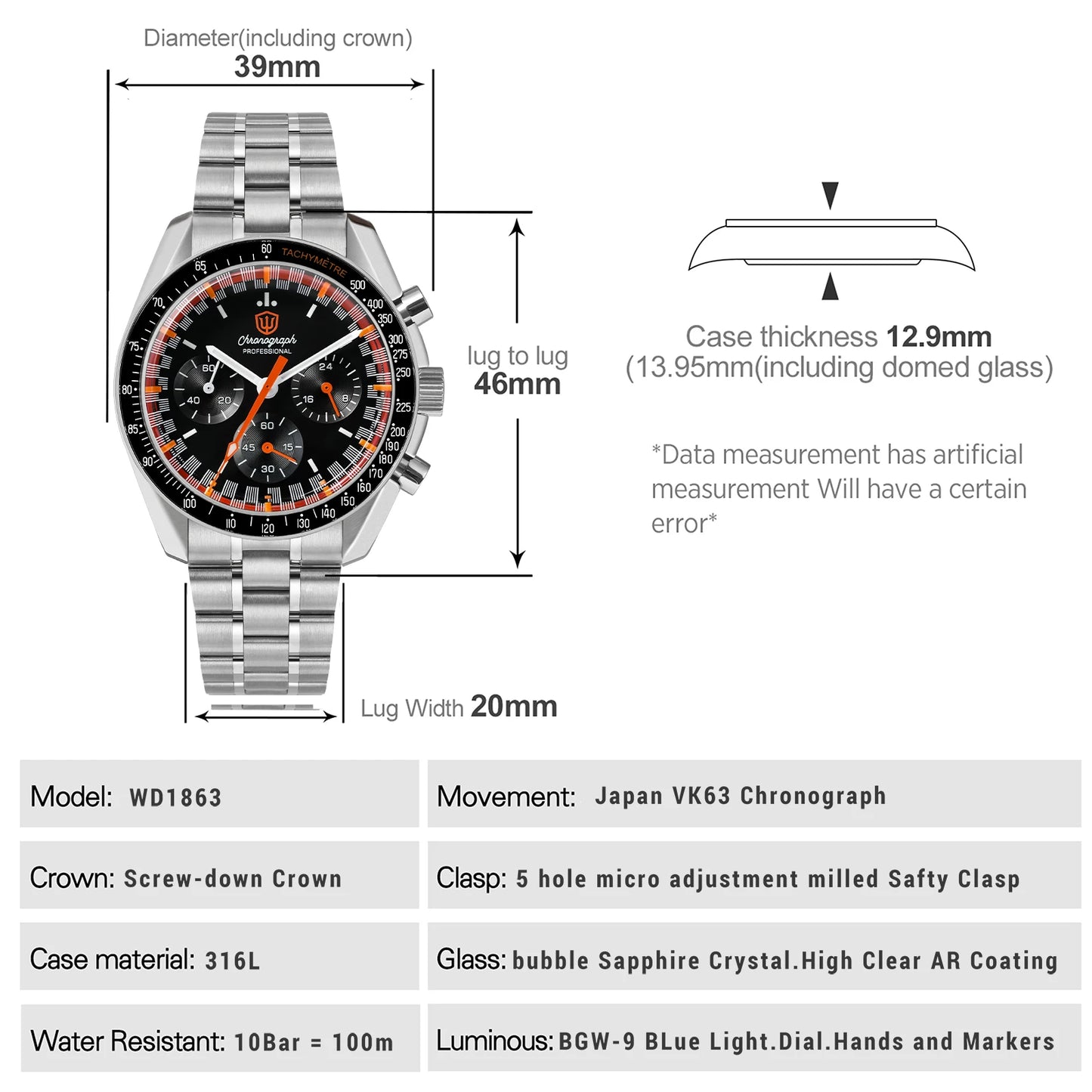 Watchdives WD1863 Watch VK63 Quartz Chronograph Movement Bubble Sapphire Crystal 100m Waterproof Luminous 39mm Vintage Watches