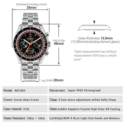 Watchdives WD1863 Watch VK63 Quartz Chronograph Movement Bubble Sapphire Crystal 100m Waterproof Luminous 39mm Vintage Watches