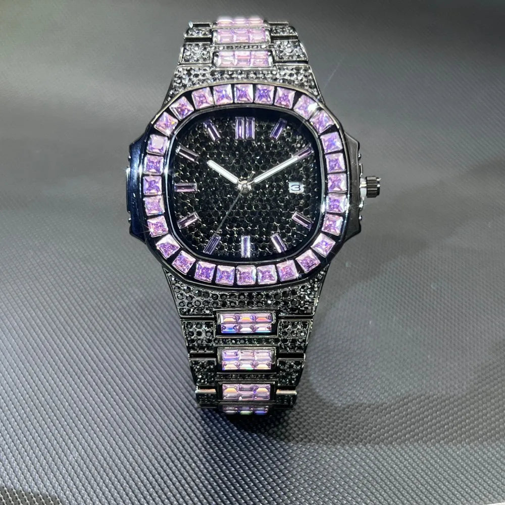 MISSFOX Luxury Watch For Men Rose Iced Out Diamond Hip Hop Quartz Waterproof Clock Men Square Diamond Male Watch 2026 New