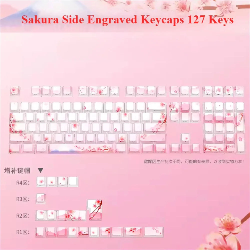 Set di keycap Sakura Pink con incisione laterale, PBT traslucido, 127 tasti, per switch MX e tastiere meccaniche 60/84/90/104/108