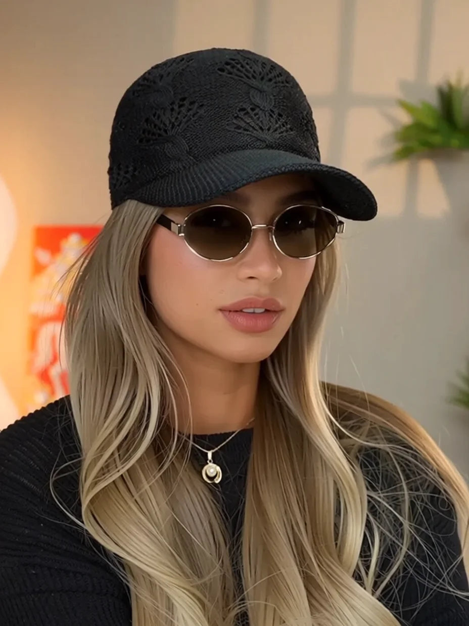 Summer Glossy Openwork Knit Baseball Cap for Women,Outdoor Sun Protection Hat Breathable Flattering Versatile