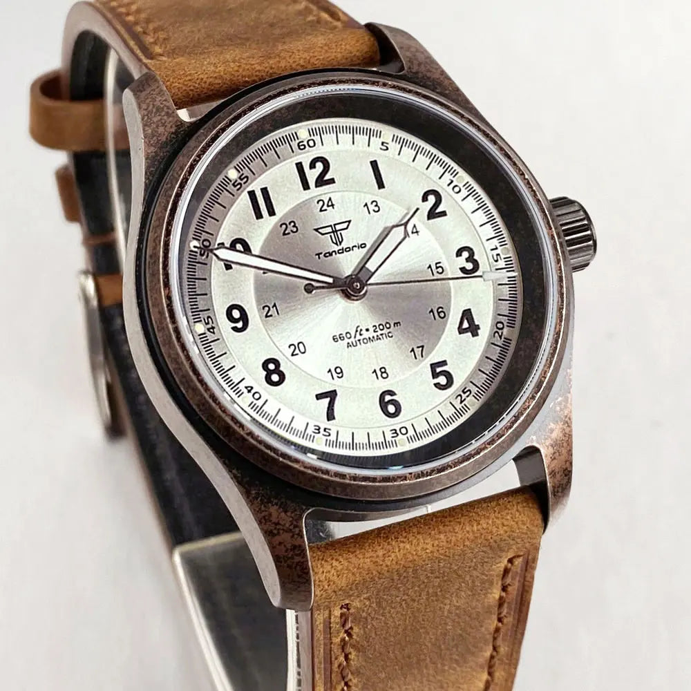 PVD Bronze Case TANDORIO 36mm Military Field Watch Men Japanese NH35A Automatic Movement Sapphire 200M Waterproof Pilot Watches
