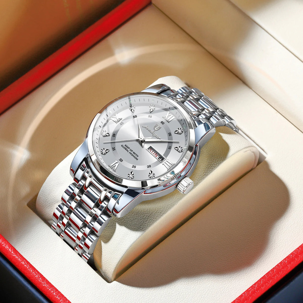 Мъжки луксозен и модерен ръчен часовник POEDAGAR, водоустойчив, от неръждаема стомана, със светещ циферблат, с дата и кварцов механизъм.