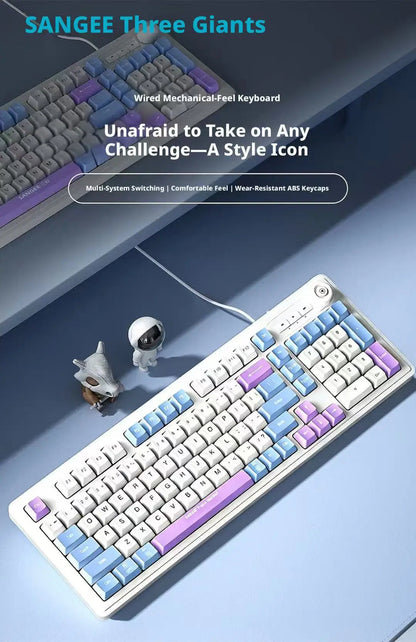 Wired Gaming Keyboard Mechanical Feel with Rotary Knob Three Color Mixed Backlit for PC Desktop Laptop Computer Accessories