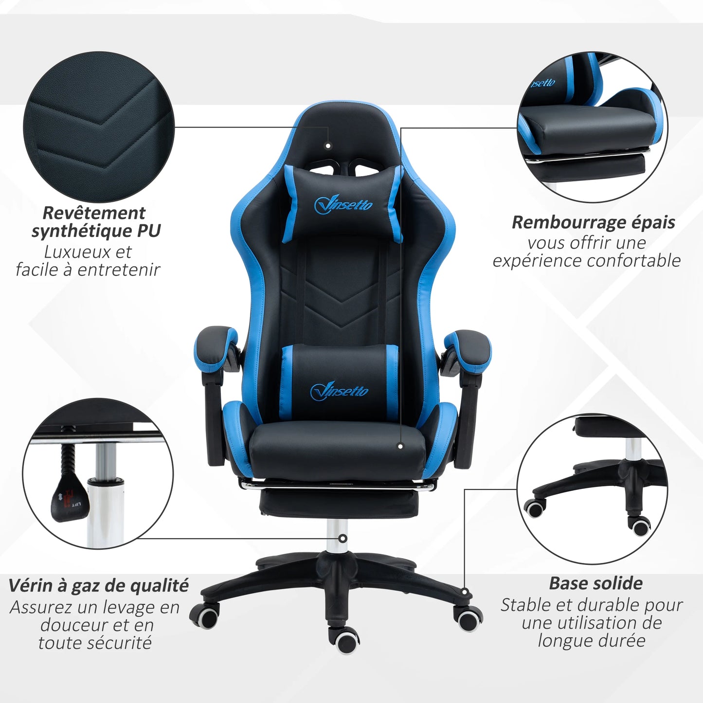 Ergonomic Gaming Chair with Footrest, Lumbar Support Cushion, Adjustable Height, 135° Reclining Computer Gaming Chair for Office & Home