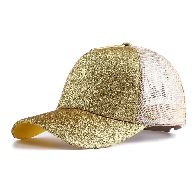 Letnia czapka z daszkiem z brokatem, z wysokim karkiem, damska czapka typu snapback, czapki typu trucker z siateczką w kolorach czarnym, białym i różowym dla kobiet Gorra