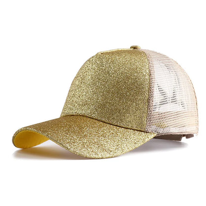 Letnia czapka z daszkiem z brokatem, z wysokim karkiem, damska czapka typu snapback, czapki typu trucker z siateczką w kolorach czarnym, białym i różowym dla kobiet Gorra