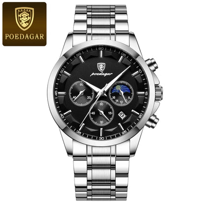 Relógio de pulso de luxo para homem POEDAGAR, estilo militar, estanque, luminoso, cronógrafo, em aço inoxidável, de quartzo, com caixa.