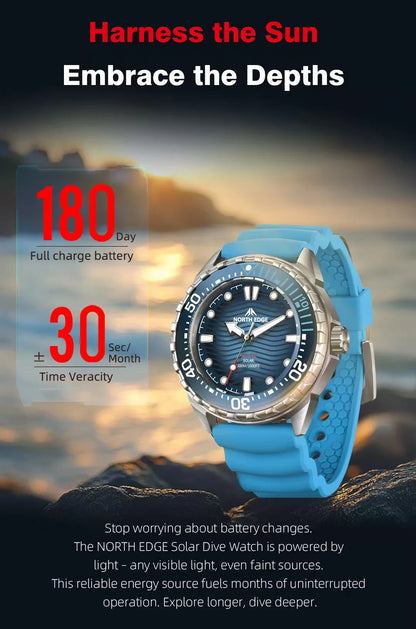 Stainless Steel Diving Watch Solar Energy Driven Quartz Watch Outdoor Waterproof Long Battery Life Rotatable Chronograph Ring