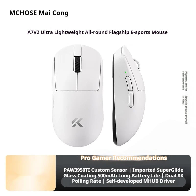 Ratón inalámbrico MCHOSE A7 V2 Ultra+ trimodo ligero Paw3950 Ti 42000dpi 500mah para PC, esports, portátil y gaming, accesorios para ratones