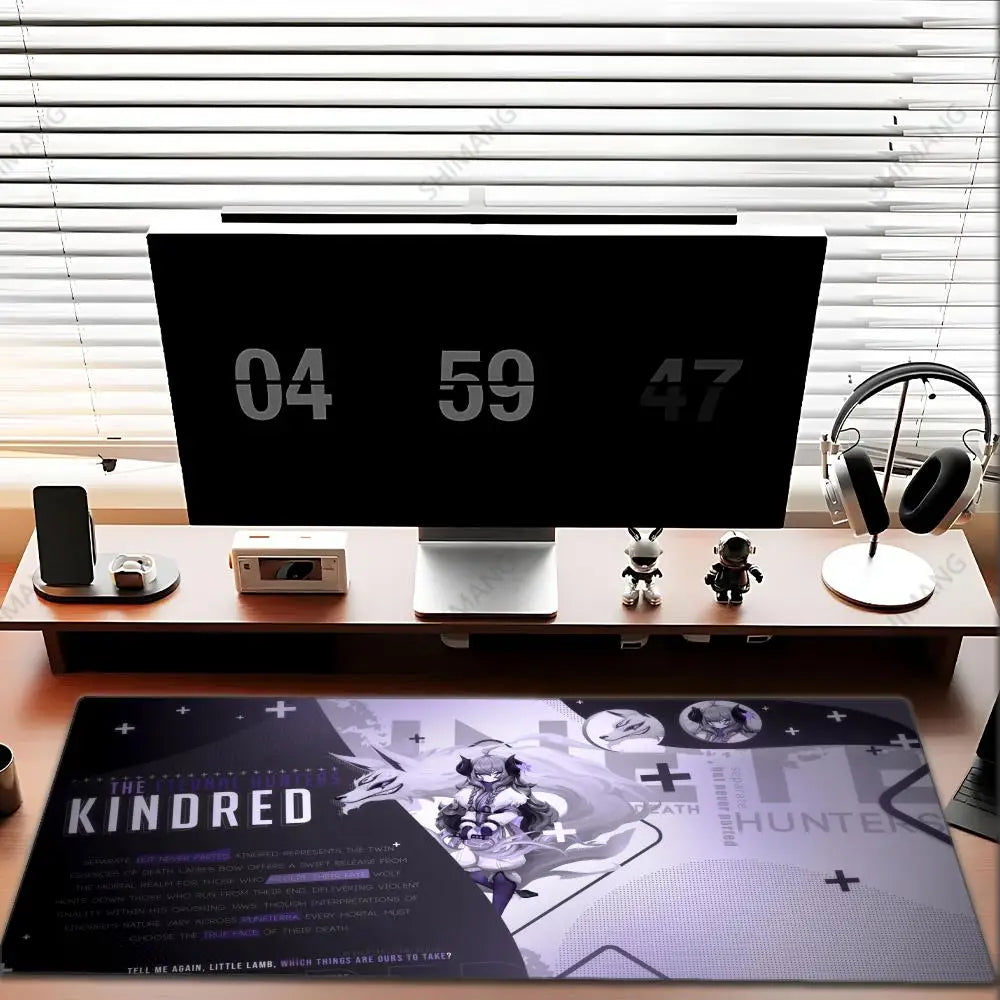 Tapis de souris League of Legends Kindred - Grand tapis de souris gaming - Tapis de bureau pour ordinateur avec motif anime de fille - Accessoires pour ordinateur portable - Tapis de clavier XXL pour gamers