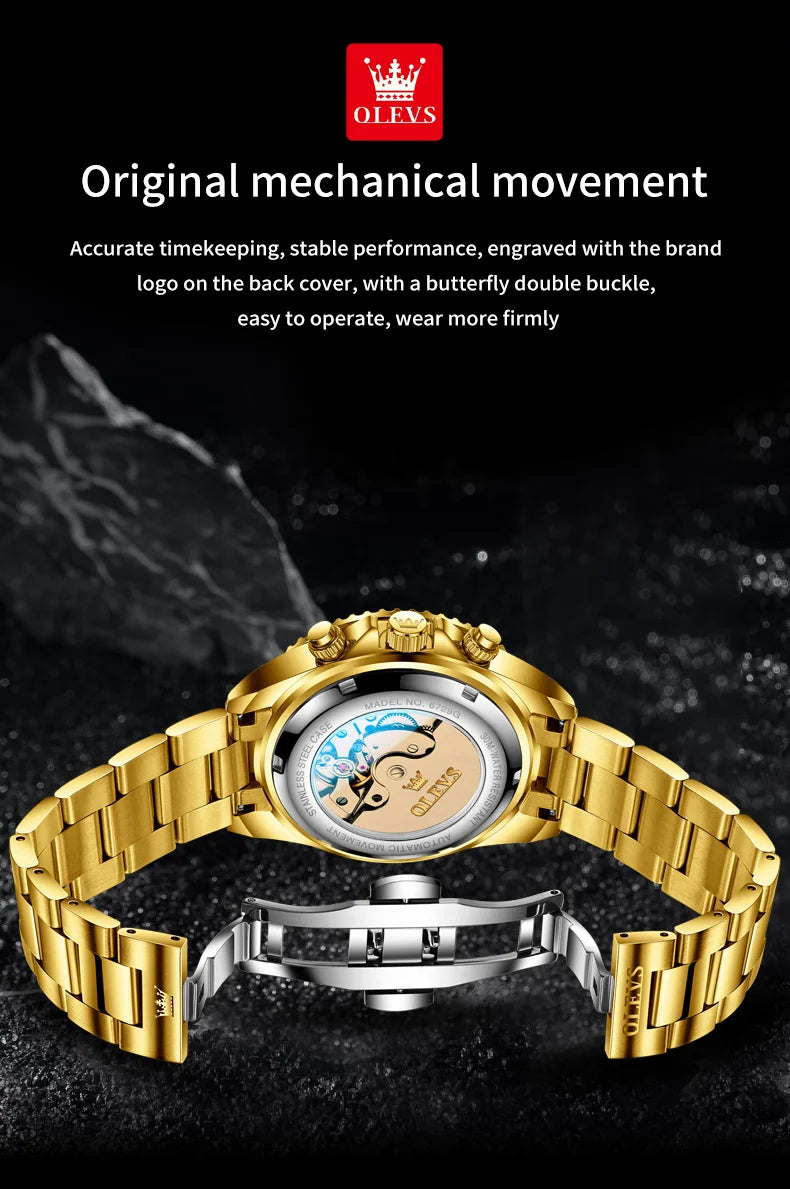 OLEVS 6729 Original Men's Watches Stainless Steel Waterproof Luminous Date Week Moon Phase Automatic Mechanical Watches for Man