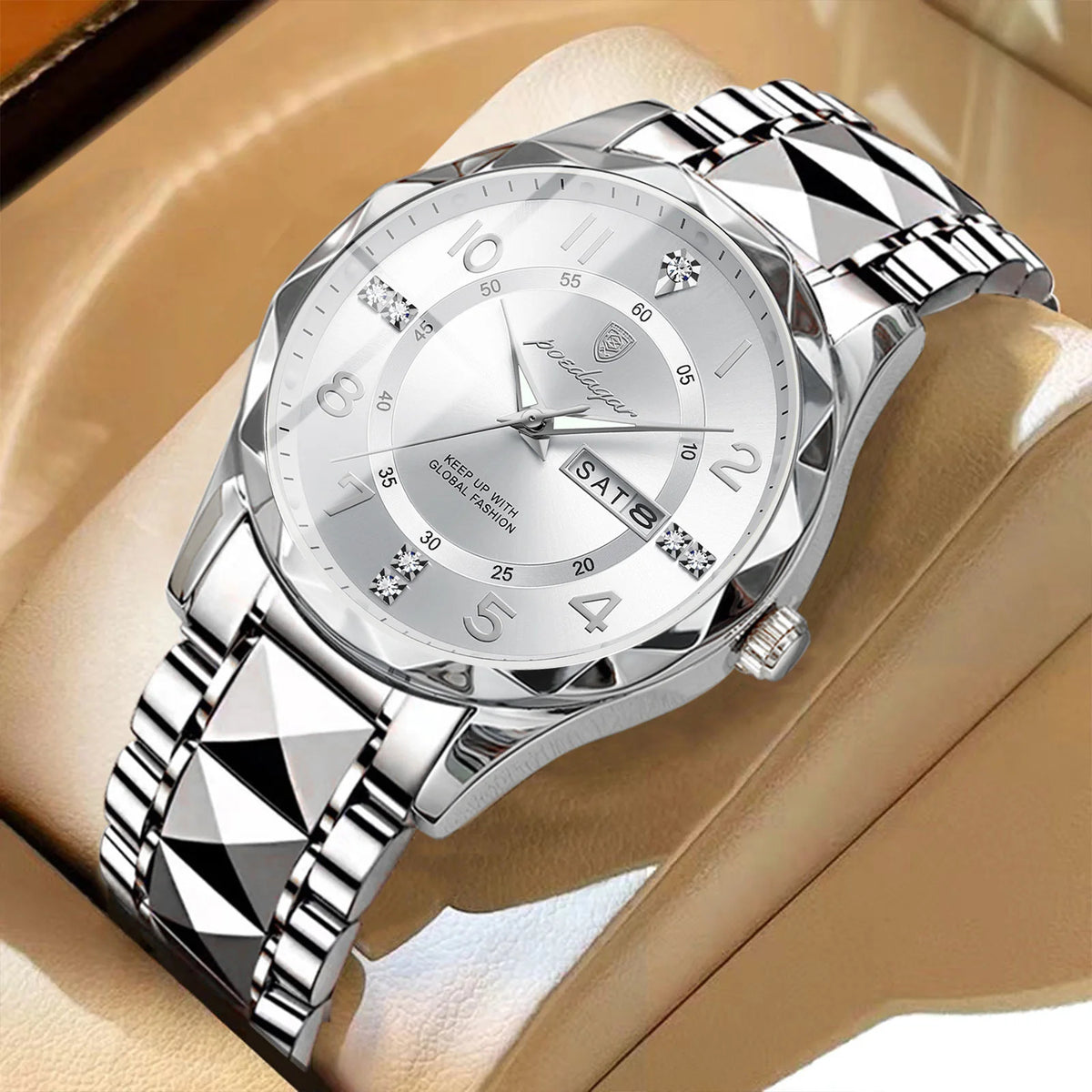 Мъжки часовник POEDAGAR Fashion Luxury, водоустойчив, със светещ циферблат, кварцов механизъм, каишка от неръждаема стомана, дата и ден от седмицата, неформален стил.