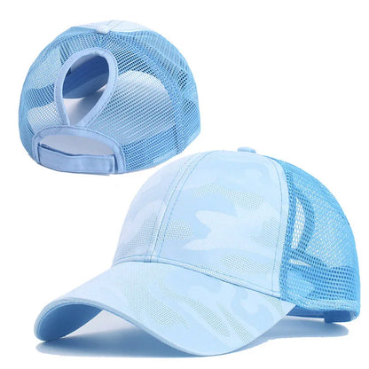 Women's Camouflage Ponytail Baseball Cap  Breathable Mesh Back  Adjustable Snapback  High Ponytail Outdoor Sports Trucker Hat