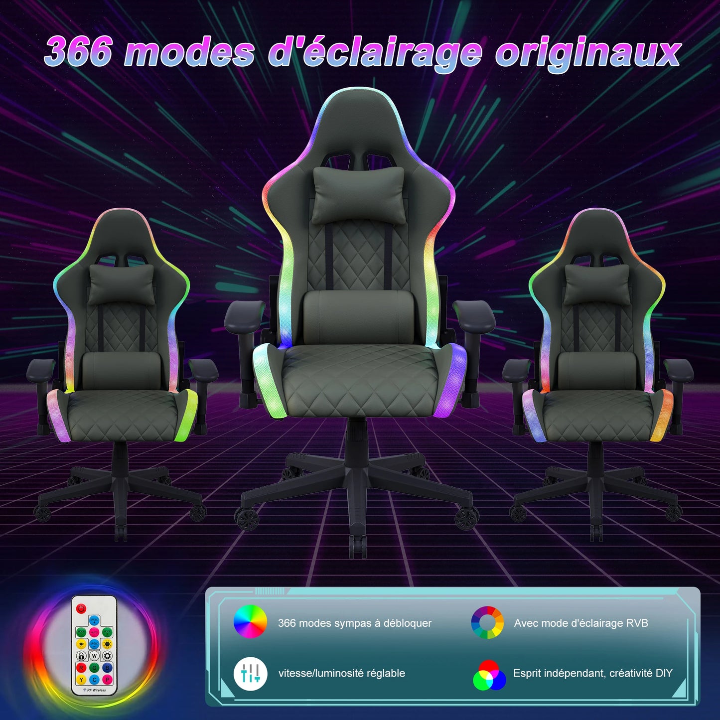 Rosahqnda Gaming Chair with Massage Function, Adjustable Office Chair, Gamer Chair with LED,Lumbar Cushion, Pillow,150 KG