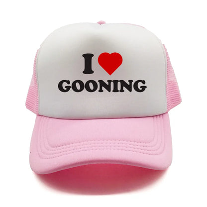 Juokingos „I Love Gooning“ beisbolo kepurės. Šaunios vasarinės vyriškos tinklinės kepurės. Humoro kupinos „Trucker“ stiliaus kepurės. Unisex lauko tinklinės kepurės MZ-080