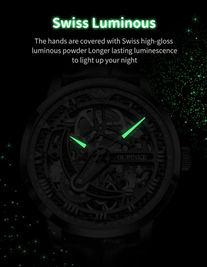 OUPINKE 3173 Skeleton Automatic Mechanical Watch Luxury Brand 50M Waterproof Watch Leather Strap Mens Watch Box Gifts Reloj