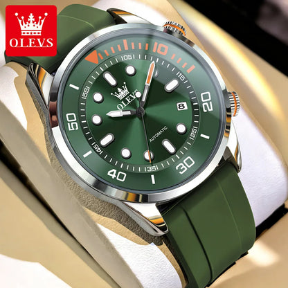 OLEVS Automatic Men's Watches Luxury Top Brand Green Water Ghost Diving Series Silicone Strap Original Mechanical Man Watch 6751