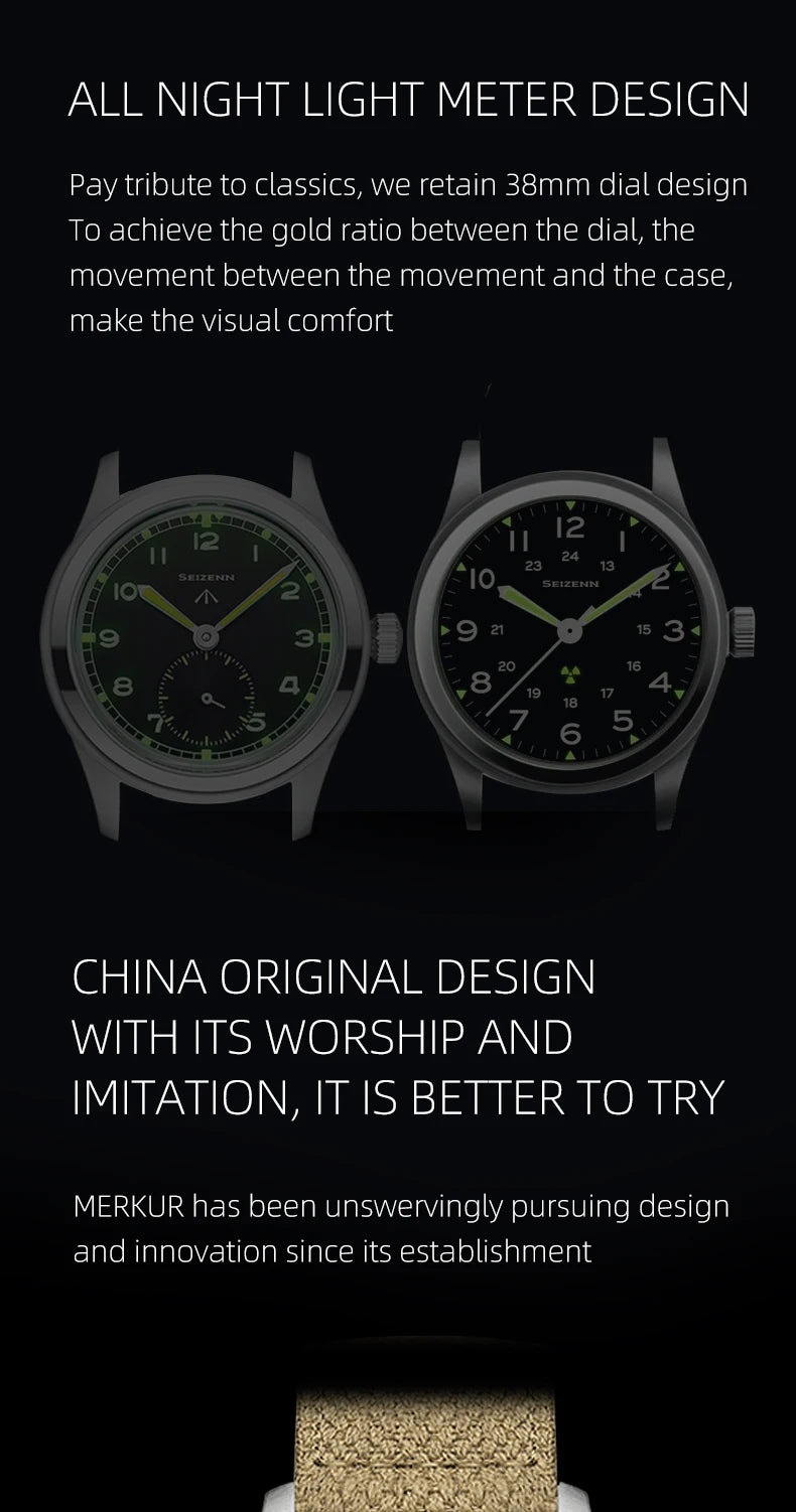 Classic Retro Arrow Pilot Watch Male Mens WWII 12 Mechanical Satch Manual Hand Wind Luminous Stain Steel Merkur 38mm Case