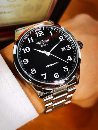Relógio de homem WINNER – Estilo clássico, retro e elegante – Relógio mecânico automático com calendário – Marca de luxo, caixa em aço e bracelete em pele