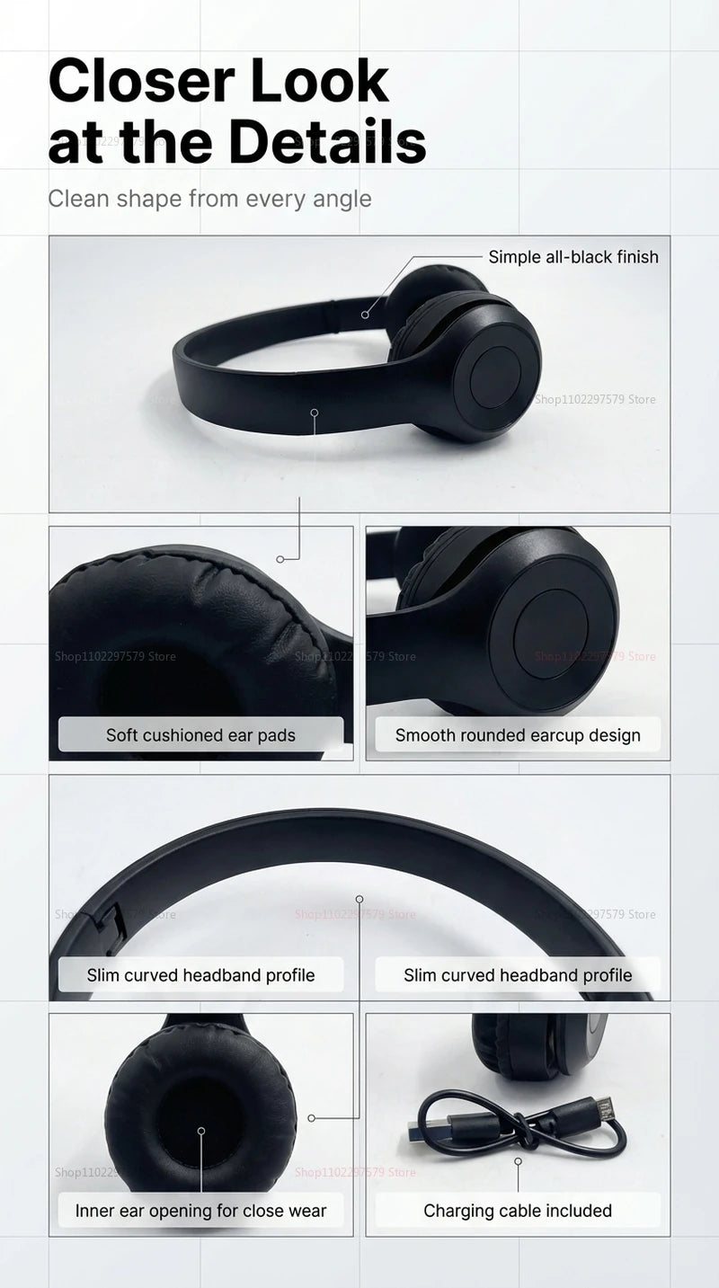 Bluetooth 5.0 Wireless Headphones, Foldable Over-Ear Headset, HiFi Stereo Sound, Soft Skin-Friendly Earmuffs