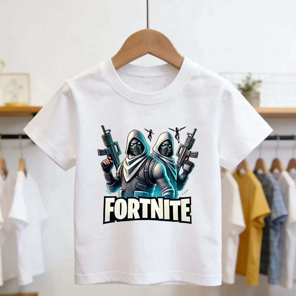 T-shirt infantil branco de algodão com estampado cartoon do tema Fortnite, manga curta, verão, jogo popular