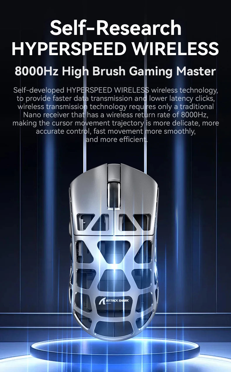 Mouse de gaming ATTACK SHARK R3 din aliaj de magneziu cu structură tip fagure, ultra-ușor, 8K Hz, senzor PAW3395, 26000 DPI, carcasă ergonomică