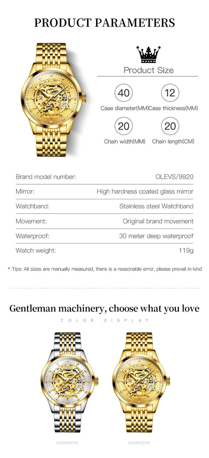 OLEVS Men's Watches Luxury Gold Skeleton Automatic Mechanical Wrist Watch for Man Waterproof Stainless Steel Luminous Business