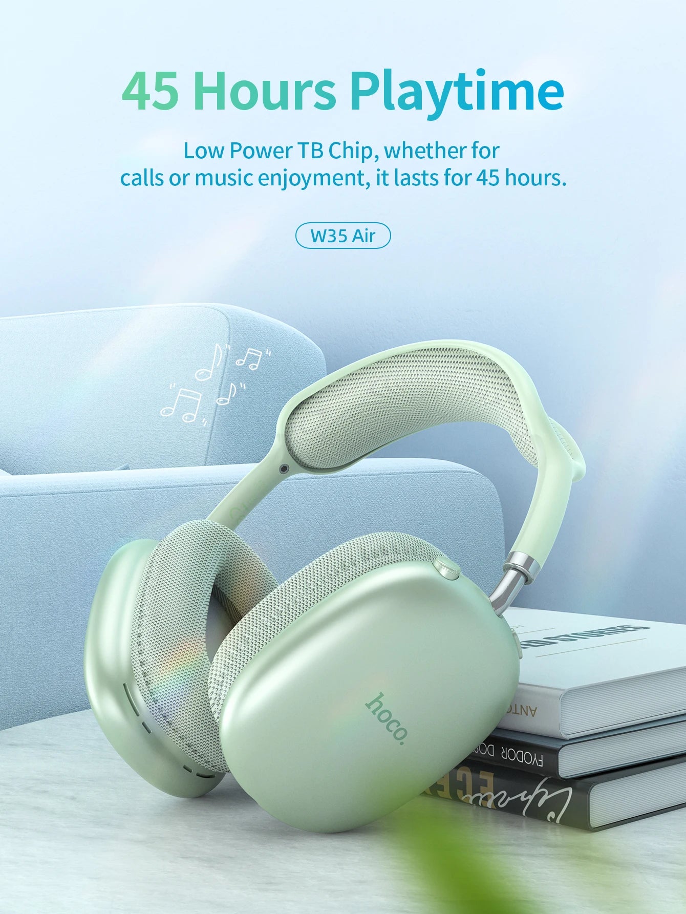 HOCO W35 Air Wireless Bluetooth 5.3 Over-Ear Headphones – Deep Bass Stereo Gaming Headset with Microphone, TF Card & AUX Mode, Waterproof Sports Headphones