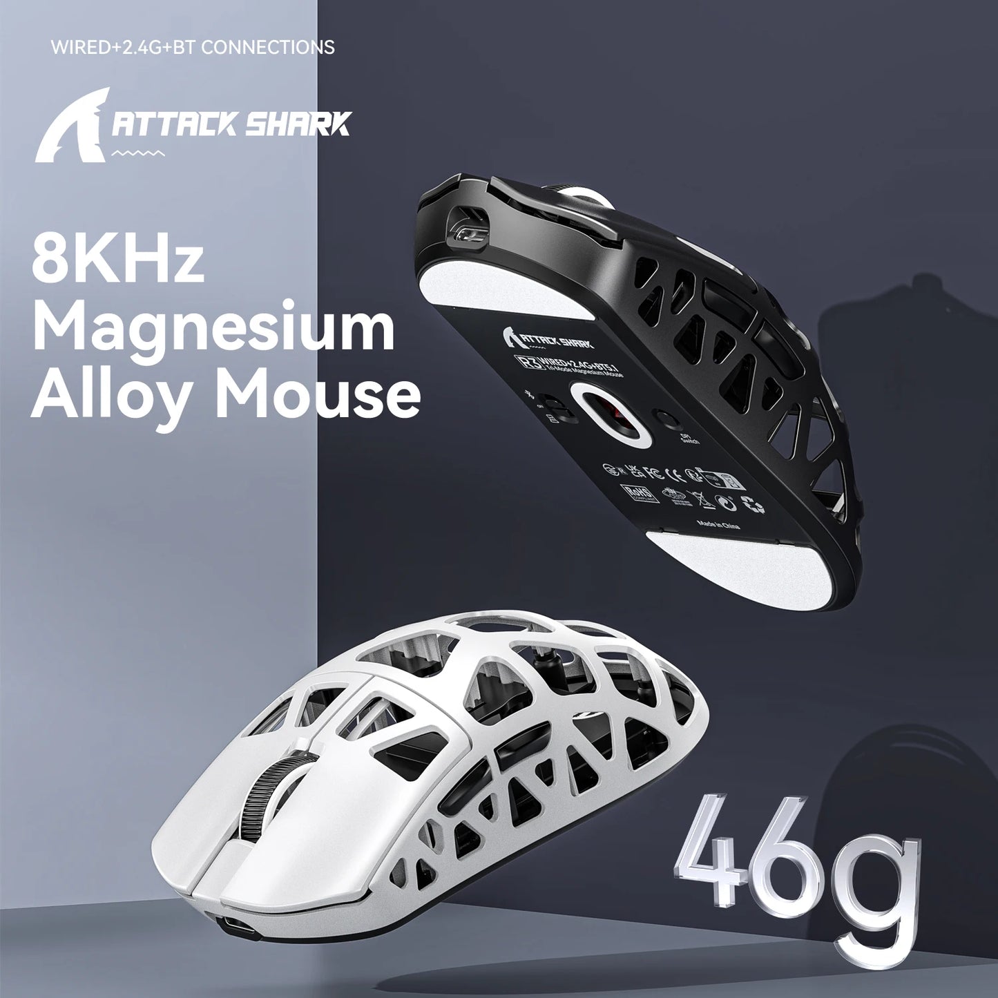 Mouse de gaming ATTACK SHARK R3 din aliaj de magneziu cu structură tip fagure, ultra-ușor, 8K Hz, senzor PAW3395, 26000 DPI, carcasă ergonomică