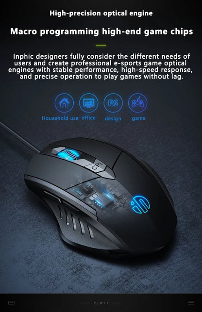 Mouse cu fir Inphic W1, mouse eSports pentru gaming, mouse silențios pentru birou, opțiuni cu trei taste și șase taste
