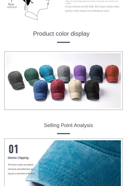 Men Women 53-56cm 56-59cm 60-63cm Vintage Unstructured Baseball Cap Washed Cotton Adjustable Cap for Big/ Small Head and Kids