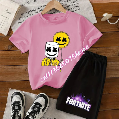 Sommer-Fortnite-T-Shirt und Shorts für Jungen und Mädchen, 2-teiliges Kinder-Set mit Oberteil und Hose, Fortress-Night-Print, Geschenk