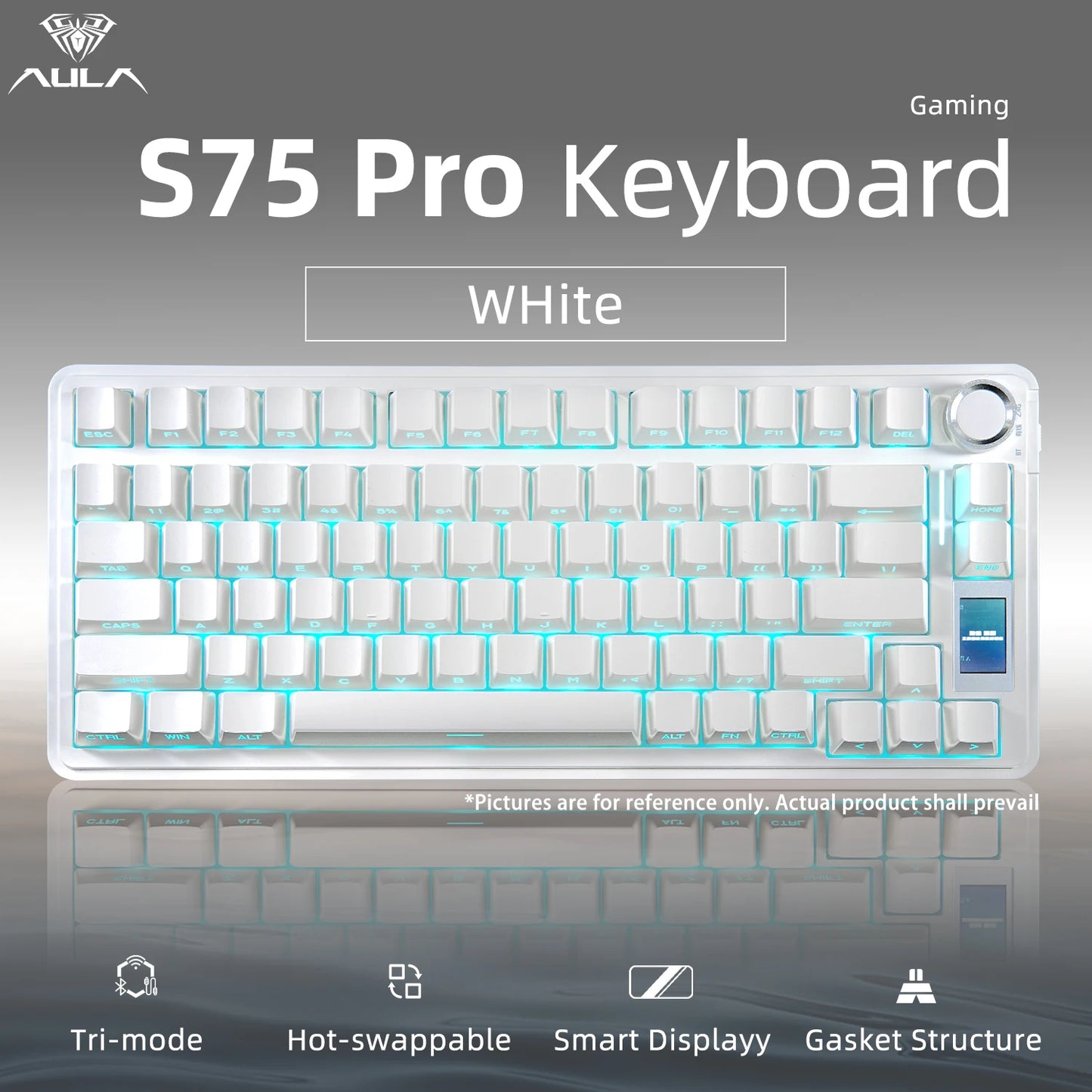 Tastiera meccanica AULA S75 PRO 75% layout personalizzato, retroilluminazione RGB, wireless Bluetooth, tastiera da gaming con schermo e manopola