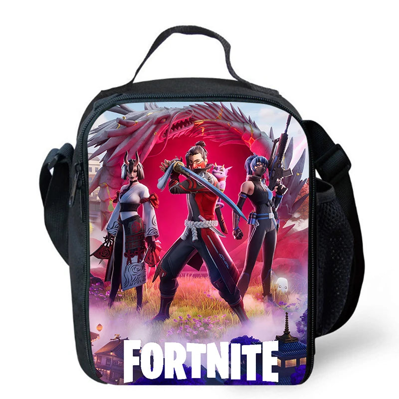 Fortnite cartoon lunch bag, portable insulated lunch bag, reusable food storage bag, suitable for children and students.