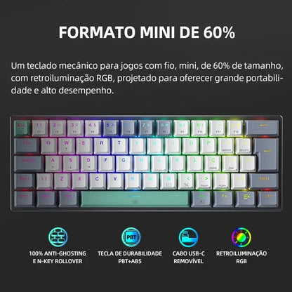 Tastiera meccanica mini Machenike K500-B61 60% layout ABNT2, retroilluminazione RGB, hot-swappable, NKRO, tastiera gaming cablata per PC Gamer