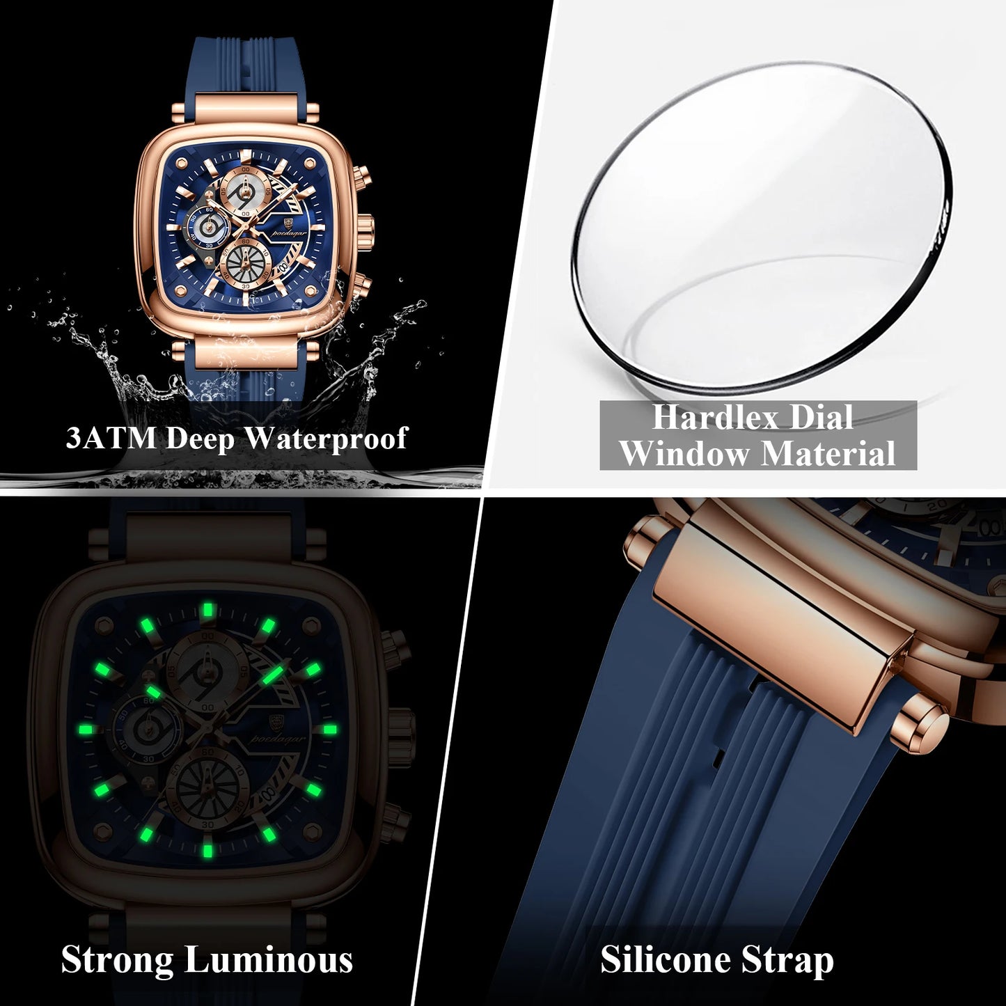 POEDAGAR Square Sport Man Wristwatch Date Waterproof Luminous Chronograph Watch For Men Silicone Strap Men's Quartz Watches Male