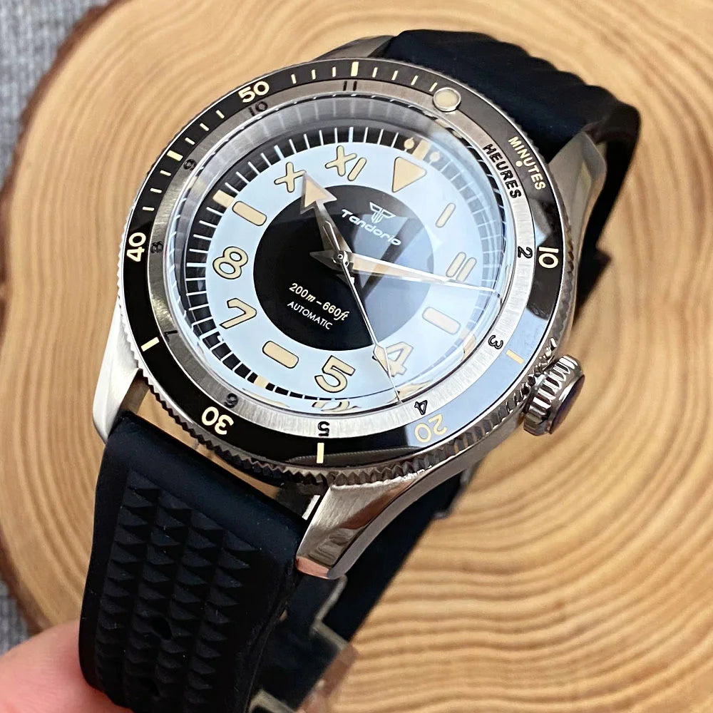 Tandorio Waterproof Watch Men Dome Sapphire Crystal Roman Numbers 120 Clicks Bezel NH35A/Miyota 8215 Movt Silicone Grey Dial