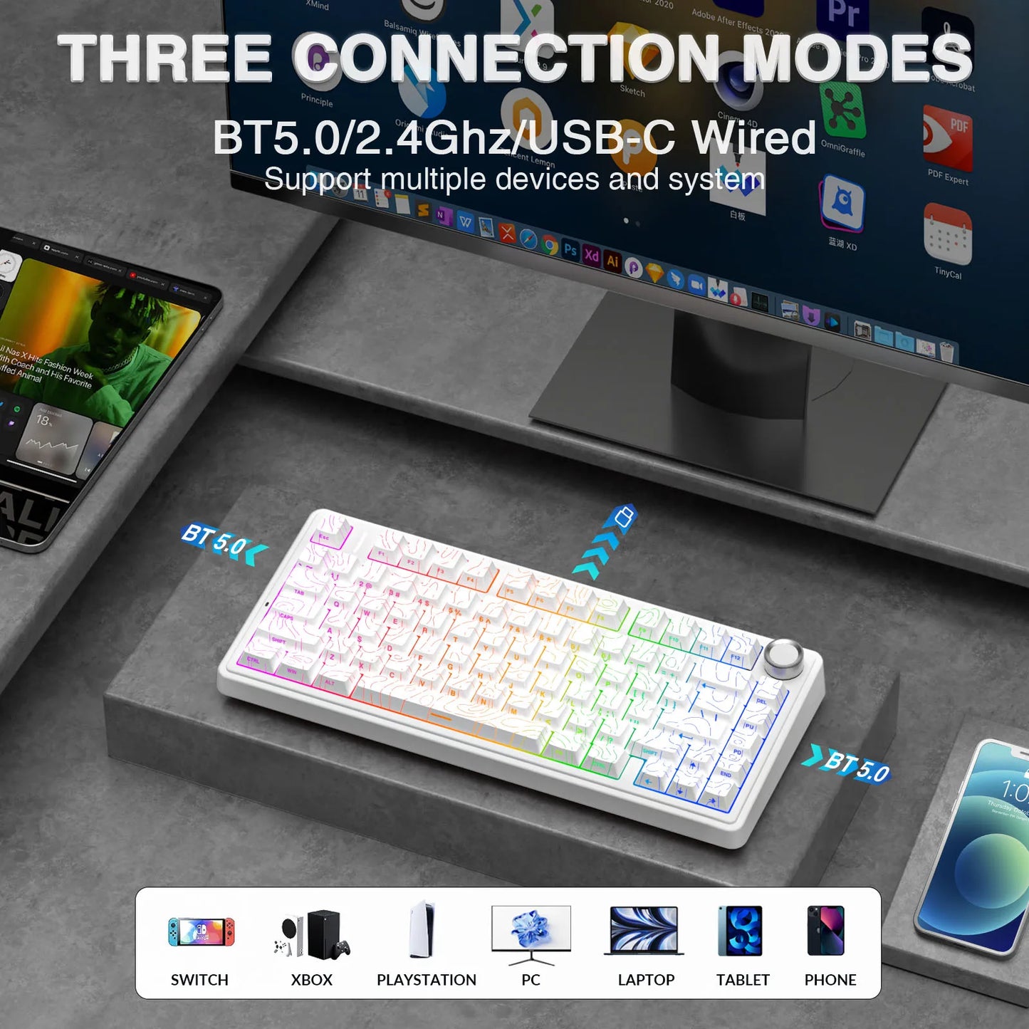 Tastiera meccanica gaming wireless AULA F75 Pro con montaggio gasket, RGB personalizzato, layout 75% e keycap PBT con incisione laterale