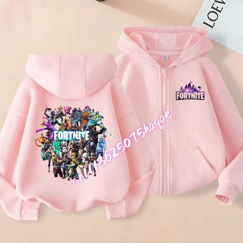 Casacos com capuz e fecho para criança Fortnites, sweatshirts Anime Fortress Night, sweatshirts gaming de primavera/outono, roupa desportiva infantil, presente