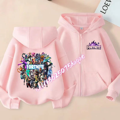 Casacos com capuz e fecho para criança Fortnites, sweatshirts Anime Fortress Night, sweatshirts gaming de primavera/outono, roupa desportiva infantil, presente