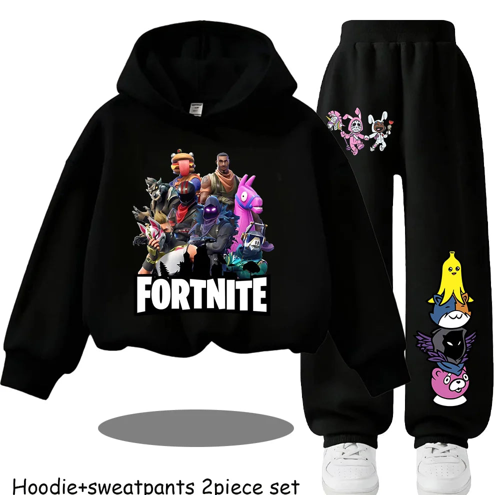 Sweats com Capuz Infantis Estampadas Fortnite, Conjunto Cartoon Confortável de 2 Peças, Tops Largos de Manga Comprida com Calças, Roupa de Outono/Inverno, Presente
