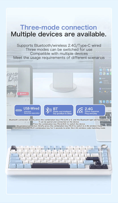 Teclado mecânico F75 FREEWOLF * AULA F75 Bluetooth de três modos, dedicado a gaming e utilização em escritório