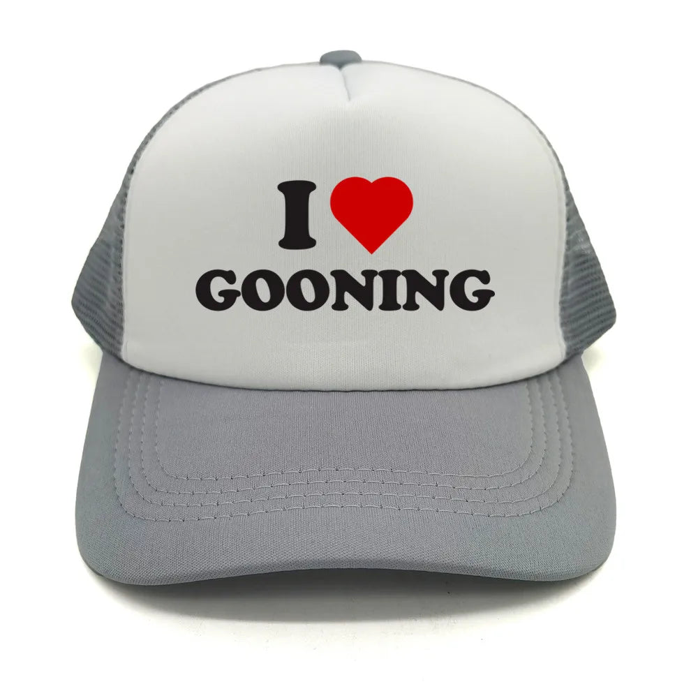 Juokingos „I Love Gooning“ beisbolo kepurės. Šaunios vasarinės vyriškos tinklinės kepurės. Humoro kupinos „Trucker“ stiliaus kepurės. Unisex lauko tinklinės kepurės MZ-080